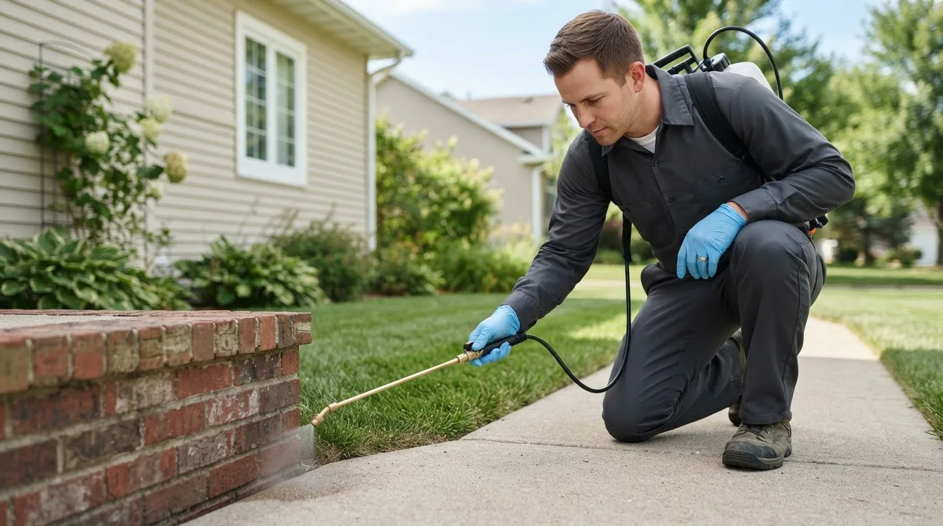 Pest control technician treating a home near Dover, MO