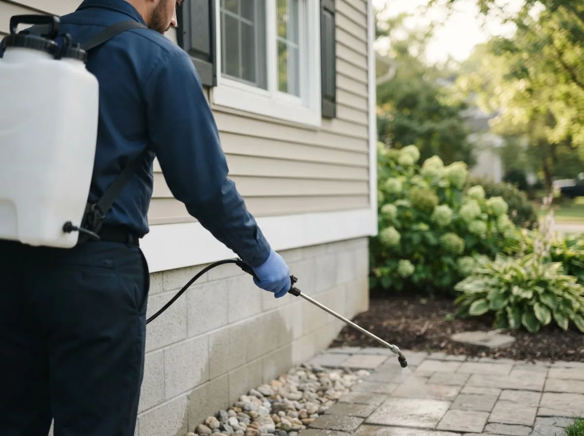 Pest control technician inspecting a home in Dover, MO
